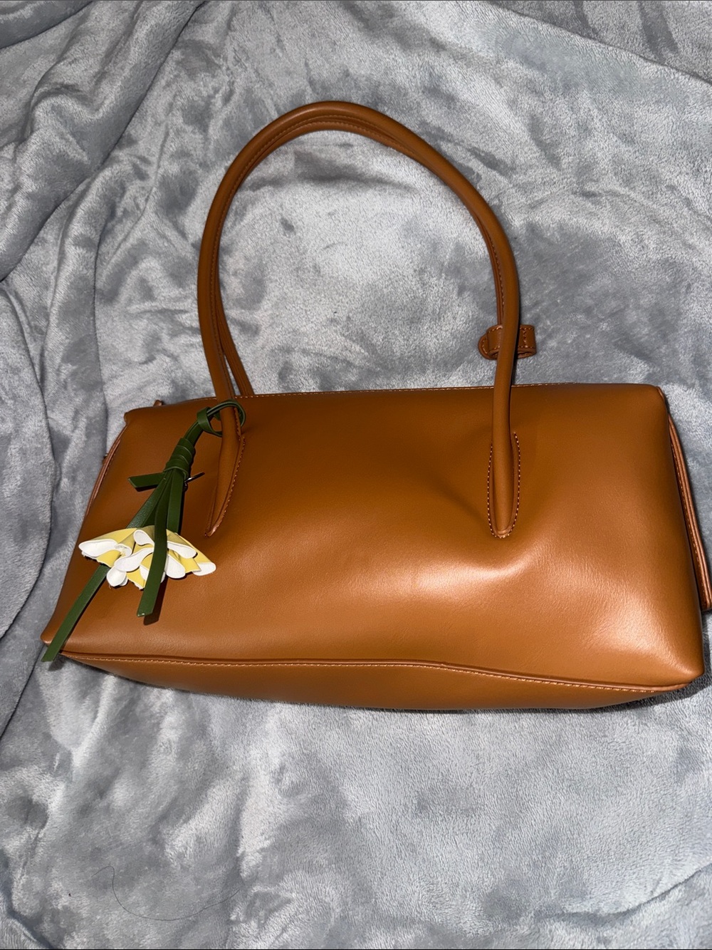 Antik Kraft Cognac Leather Shoulder Bag with Floral Charm